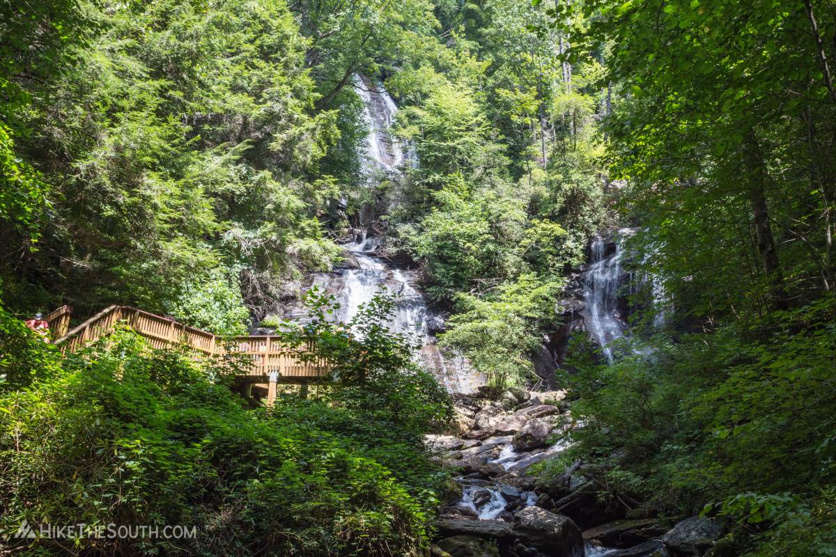 Anna Ruby Falls via the Smith Creek Trail. 
View of the waterfalls from the lower observation deck.
