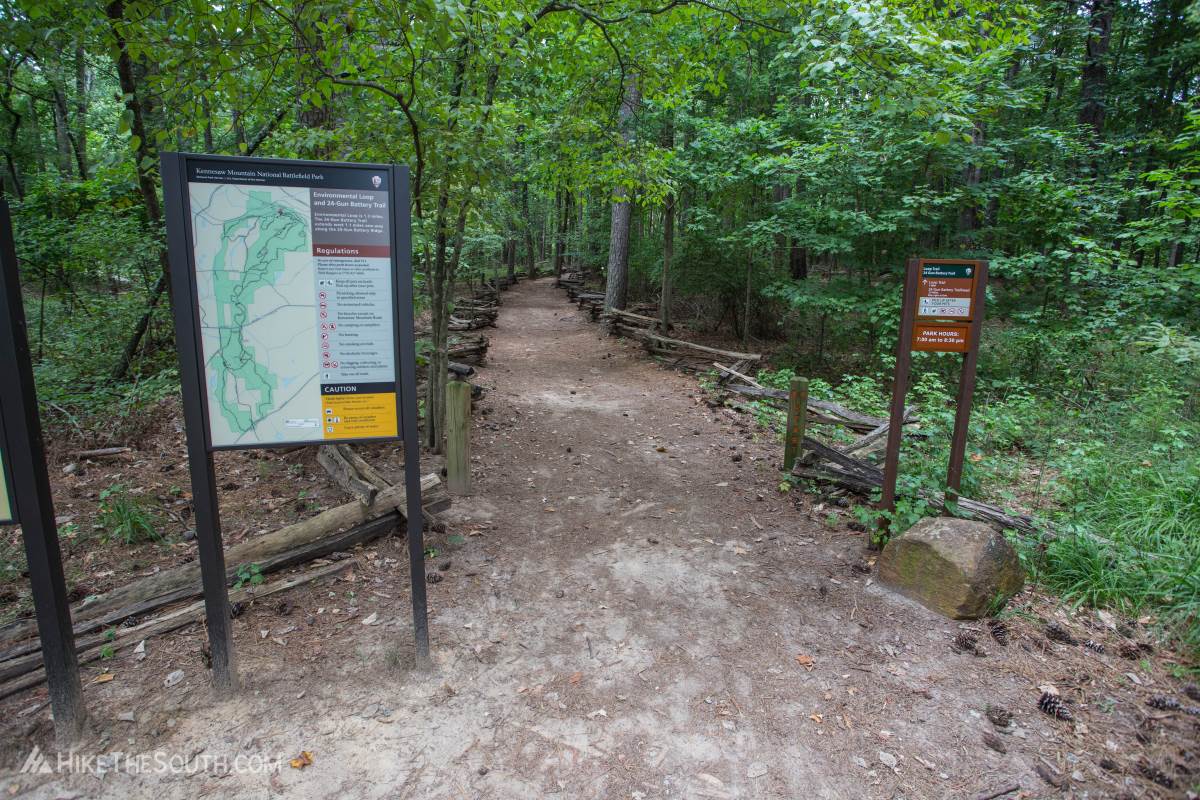 Kennesaw Mountain Environmental Loop & 24 Gun Trail. 
East trailhead to left of main parking lot. Walk through the picnic area to access.