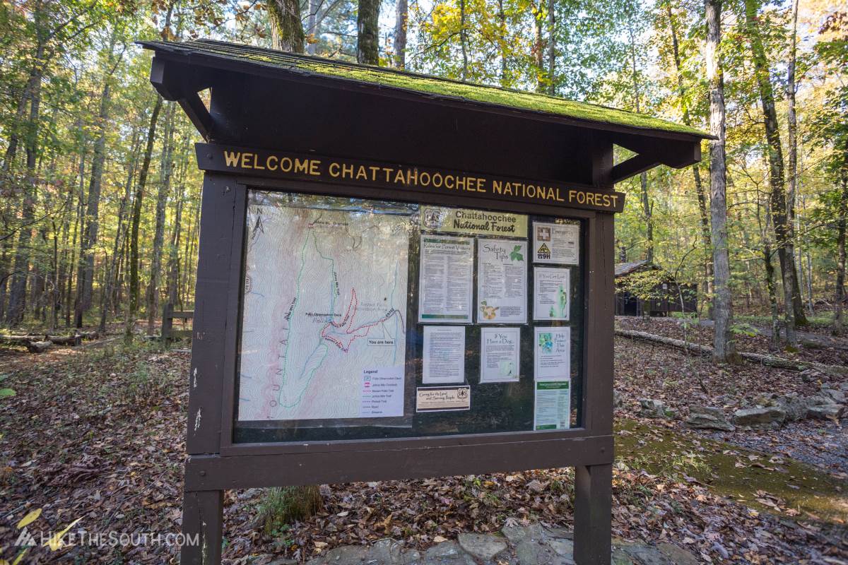 Keown Falls Loop. 
The trail begins at the information board. There are several side trails leading to picnic areas around the trailhead.
