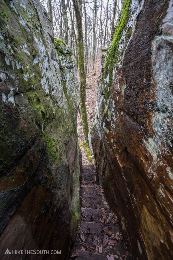 Mullens Cove Loop. 
Heading down the narrow Stone Door staircase.