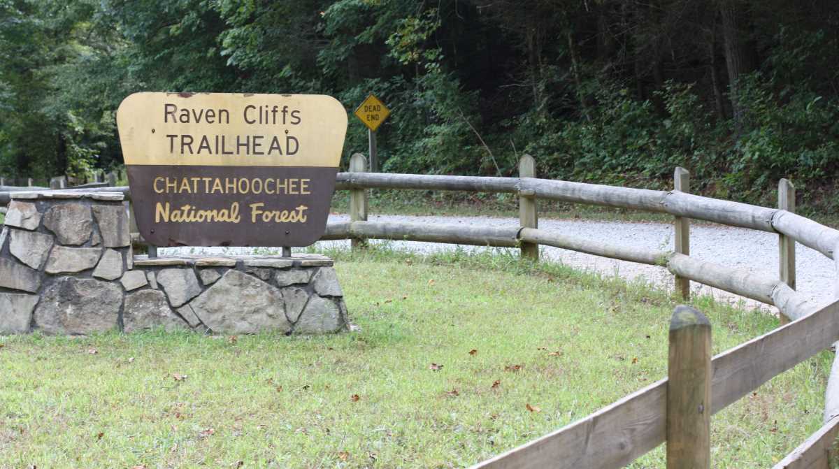 Raven Cliff Falls. 
Trailhead sign.
