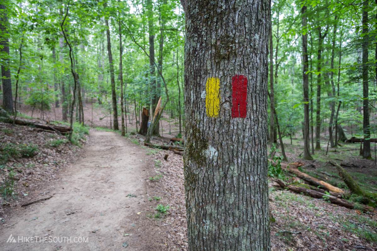 Red Top Mountain Homestead Trail. 
The red-blazed Sweet Gum Trail joins the Homestead Trail for two short sections.