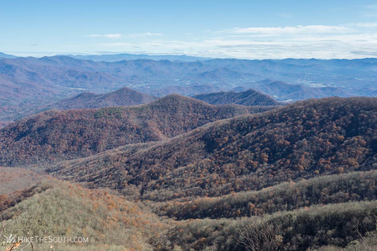 Rocky Bald via Tellico Gap. 
The view from Rocky Bald looks east through the Nantahala National Forest toward the Blue Ridge Parkway.