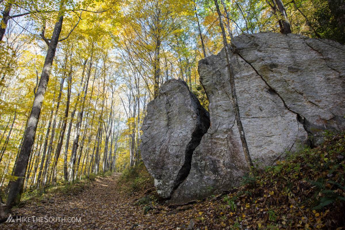 The Pinnacle and Blackrock Mountain. 
Large cracked boulder on the way up the West Fork Trail.