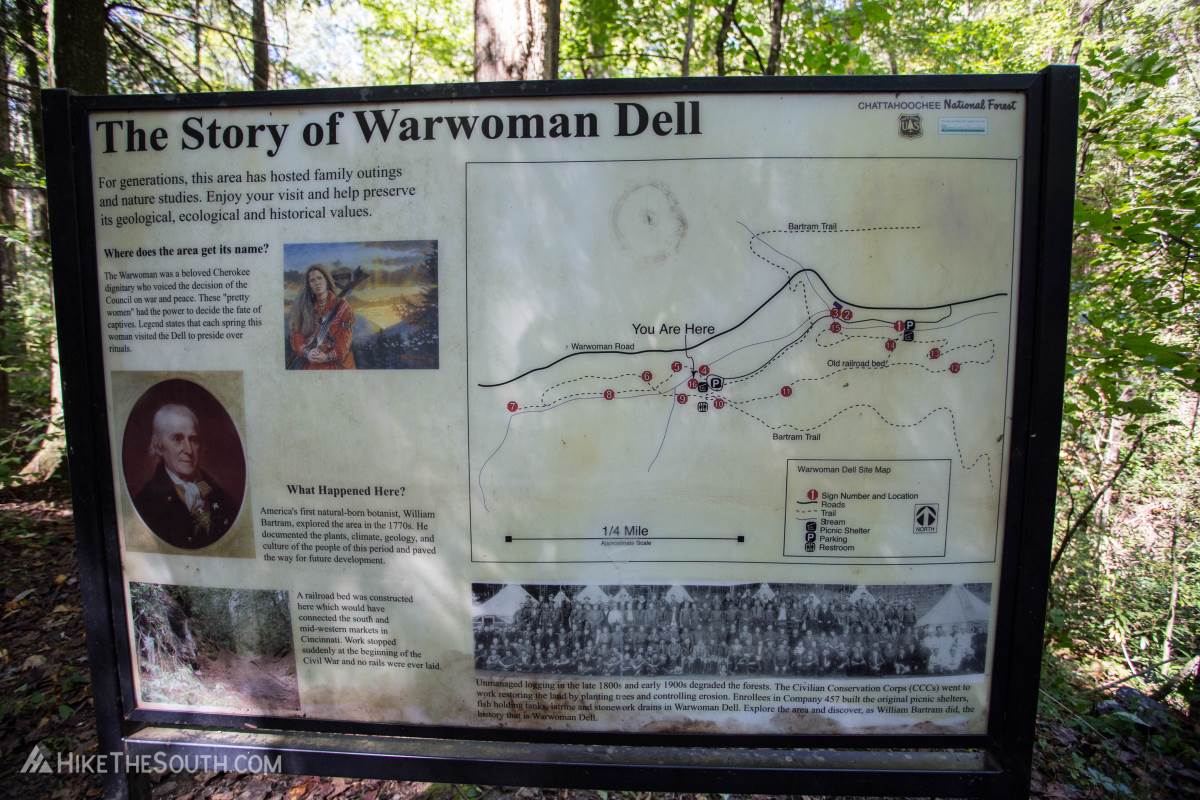 Warwoman Dell Trail System. 
A trail map can be found behind the large pavilion at the second parking lot.