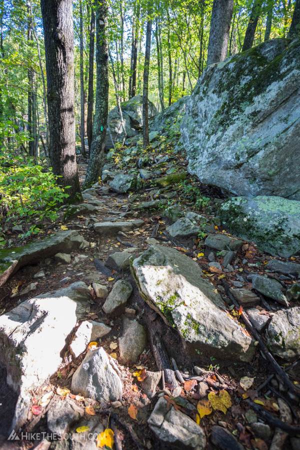 Yonah Mountain. 
Large boulders and small boulder fields line the trail.